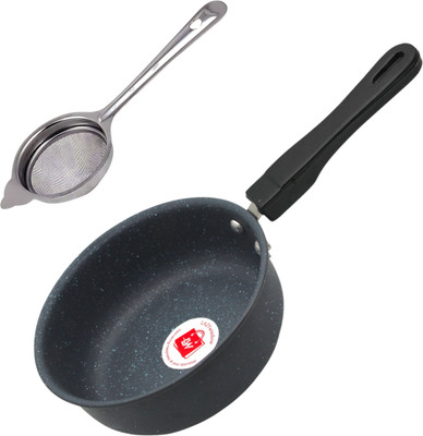 LAZYwindow Premium Quality Pack of 2 Tea strainer & Sauce Pan 17 cm diameter 1 L capacity(Hard Anodised, Non-stick, Induction Bottom)