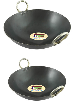 KITCHEN SHOPEE iron cookware set 2 pes combo Iron kadai for Cooking deep fry pan with handle Kadhai 20 cm, 23 cm diameter 1.5 L, 2.25 L capacity(Iron, Induction Bottom)