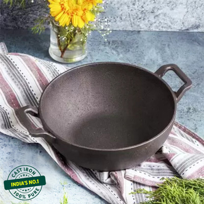The Indus Valley Pre-Seasoned Cast Iron Deep Kadai with Curved Handle - 9.8 inch Kadhai 25 cm diameter 3.2 L capacity(Cast Iron, Induction Bottom)