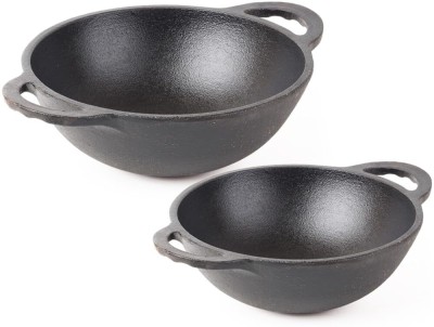 The Indus Valley CASTrong Cast Iron Cookware Set | Set of 2 Kadhai 25.2 cm, 20.3 cm diameter 2.2 L, 1.4 L capacity(Cast Iron)