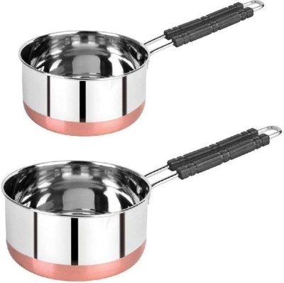 NARV Pack of 2 Stainless Steel Stainless Steel Copper Bottom Sauce Tea Pan 2 pcs Combo Set | Tea Coffee Pan K0 Dinner Set(Silver, Microwave Safe)