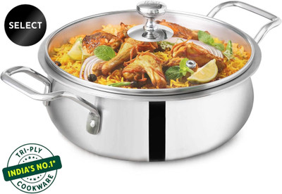 The Indus Valley Triply Stainless Steel Handi shaped Stock/ Briyani Pot with Glass Lid - 9.4 inch Pot 24 cm diameter 2 L capacity with Lid(Triply, Stainless Steel, Induction Bottom)