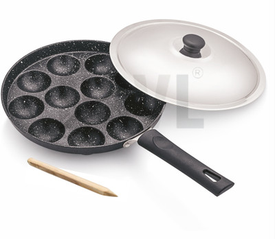 NSVL Appam Patra with 12 Cavity Heavy Duty Aluminum | Single Handle Paniarakkal with Lid 0.5 L capacity 23 cm diameter(Aluminium, Non-stick)