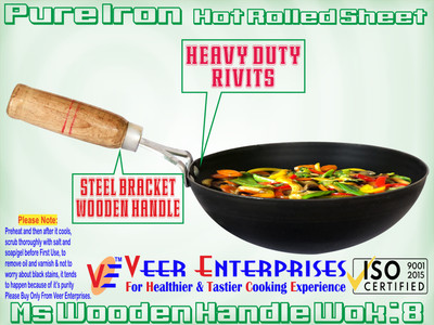 VeerEnterprises Ms Pure Iron/Loha Black Deep Kadai/Wok With Wooden Handle Wok 1 L capacity 20 cm diameter(Iron)