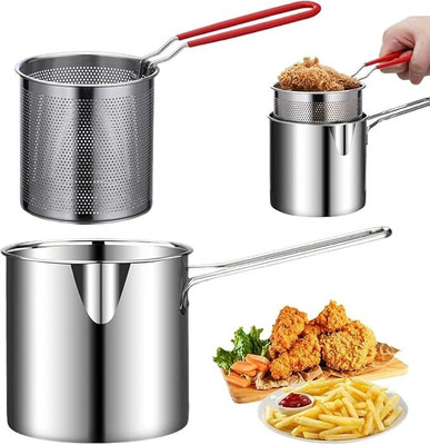kripara Stainless Steel Deep Fryer Pot with Basket Long Handle Mini deep Oil Fryer Pot 12 cm diameter 1200 L capacity(Stainless Steel)