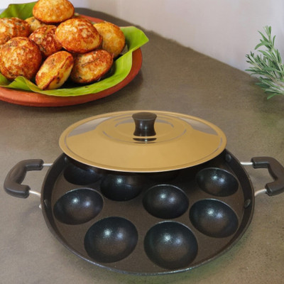 BIGWIN Appam Patra/Maker Hammer-Tone Coating Paniarakkal with Lid_538 with Lid 1 L capacity 24 cm diameter(Aluminium, Non-stick)