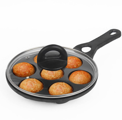 The Indus Valley Pre-Seasoned Cast Iron Paniyaram Pan with Long Handle|Glass Lid|7 Pit- 8.3 inch Paniarakkal with Lid 0 L capacity 21 cm diameter(Cast Iron, Induction Bottom)