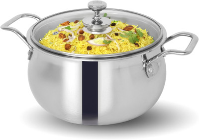 The Indus Valley Triply Stainless Steel Stock Pot with Glass Lid and Twin Handle- 9.5 inch Pot 24 cm diameter 4 L capacity with Lid(Triply, Induction Bottom)