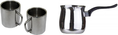 Dynore Set of 3 Coffee warmer with 2 Large Coffee Mugs Pot 11 cm diameter 1 L capacity(Steel, Induction Bottom)