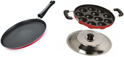 JAINEX Non-Stick Appam Patra 23cm and Dosa Tawa 27cm Combo, Paniarakkal Set with Lid 1 L capacity 23 cm, 27 cm diameter(Aluminium, Non-stick)