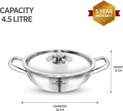 Dhara Stainless Steel Kadhai 30 cm diameter with Lid 4.5 L capacity(Stainless Steel, Induction Bottom)