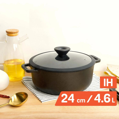 Meyer Pre-Seasoned Cast Iron Dutch Oven/Sauteuse With Glass Lid Pot 24 cm diameter 3 L capacity with Lid(Cast Iron, Induction Bottom)