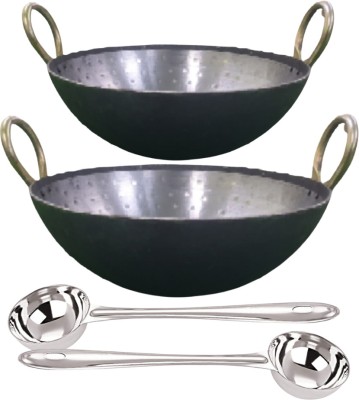 SHINI LIFESTYLE Heavy Iron Kadhai Loha Kadhai 32cm,28cm with ladle,kalchi Kadhai 32 cm diameter 4 L capacity(Iron)