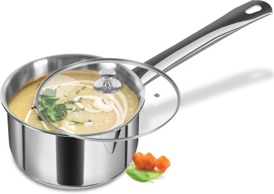 MILTON Pro Cook Stainless Steel Sandwich Bottom Sauce Pan with Glass Lid, 18 cm / 2.3 Litres, Steel Plain Sauce Pan 19.9 cm diameter with Lid 2.3 L capacity(Stainless Steel, Induction Bottom)