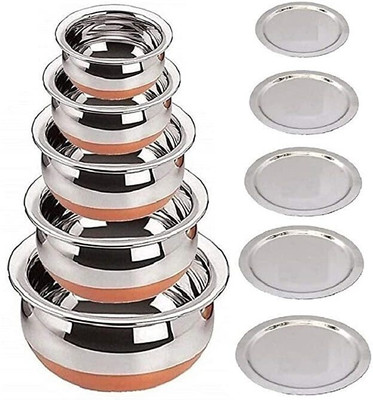 LIMETRO STEEL Copper Base Handi with Lid / Urli Set Cookware Set(Stainless Steel, 5 - Piece)