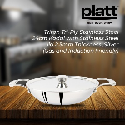 platt Triton Tri-Ply Stainless Steel 24cm Kadai with lid 24cm, 3L, 3mm Thick, Silver Kadhai 26 cm diameter with Lid 3 L capacity(Stainless Steel, Induction Bottom)