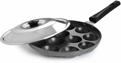 cello 12 Cavity Appam Patra Single Handle Appachatty Pan 25 cm diameter with Lid 1 L capacity(Aluminium, Non-stick)