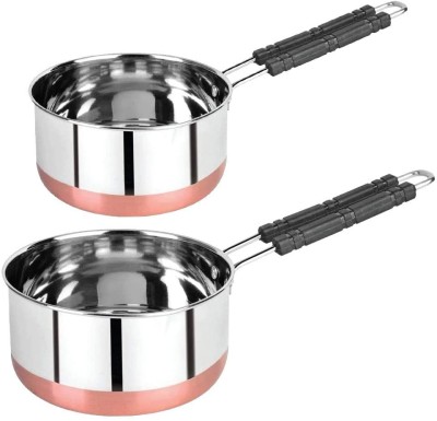 NARV Pack of 2 Stainless Steel Steel Milk Pan Pot, Gas Stove Compatible Sauce Pan with Heat Proof Handle K1 Dinner Set(Silver, Microwave Safe)