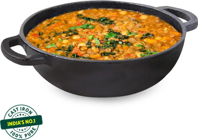 The Indus Valley Pre-Seasoned Cast Iron Deep Kadai with Flat handles - 10 inch Kadhai 25.4 cm diameter 2.3 L capacity(Cast Iron, Induction Bottom)