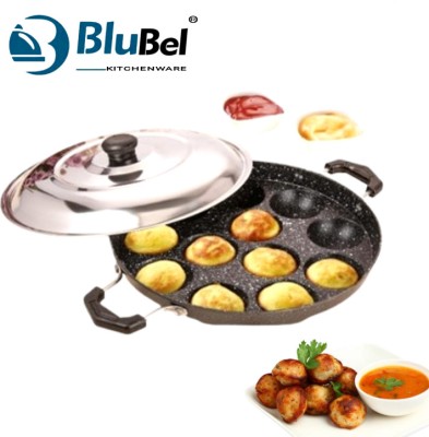 Blu Bel Premium Spetter Finish 12 Cavity Appam/Appe Maker with Stainless Steel Lid Paniarakkal with Lid 0.5 L capacity 24 cm diameter(Aluminium, Non-stick)