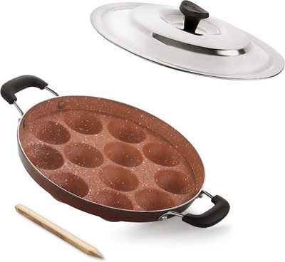 iVBOX Heavy-BASE Appam Maker 12 Cavity appe Paddu Pan Paniyarakkal Patra Paniarakkal with Lid 1 L capacity 23 cm diameter(Aluminium, Non-stick)