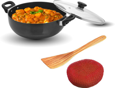 Sunblaze Non-Stick Hard Anodized Kadahi With Glass Lid Black 260 mm Induction Bottom Non-Stick Coated Cookware Set(Hard Anodised, 1 - Piece)