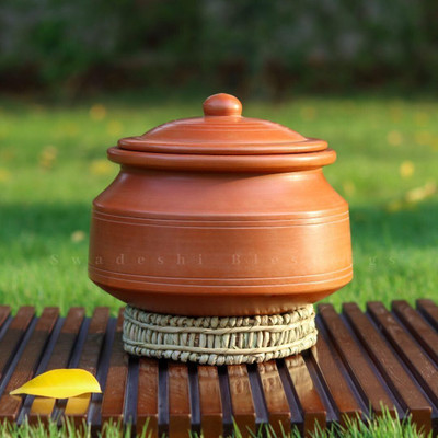 Swadeshi Blessings Unglazed Clay Handi/Clay Pot for Cooking & Serving with Lid/ Biryani Handi Handi 3 L with Lid(Earthenware)