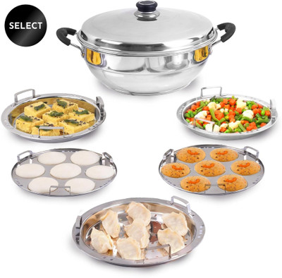 The Indus Valley Stainless steel Idli/Dhokla/Momo Maker/Multi Pot/Veg Steaming Set|5 Plates Multi Pot 29 cm diameter 4.2 L capacity with Lid(Stainless Steel, Induction Bottom)