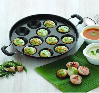 KDZONE 12 Cavities Non Stick Appam Patra with Lid and Side Handle Fry Pan 3.5 cm diameter with Lid 2 L capacity(Aluminium, Non-stick, Induction Bottom)