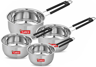 Camro Deep Sauce Pan Set of 4 10 no/11 no/12 no/13no Sauce Pan 16 cm, 18 cm, 19 cm, 20.5 cm diameter with Lid 1.1 L, 1.5 L, 2.3 L, 3 L capacity(Stainless Steel, Induction Bottom)