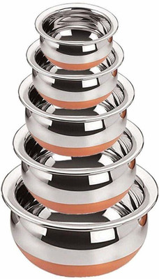 RBGIIT Copper bottom steel handi set serving bowl biryani tope/pateli/bhagona Cookware Set(Stainless Steel, 5 - Piece)
