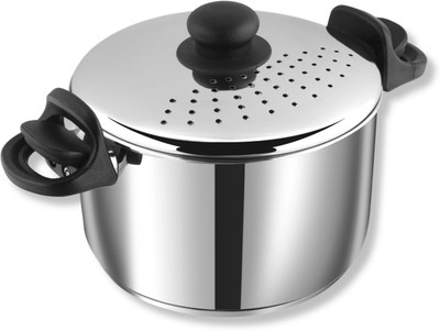 VINOD Stainless Steel Pasta/Noodle Pot with Strainer Lid, Sturdy Lockable Pot 37 cm diameter 6.8 L capacity with Lid(Stainless Steel, Non-stick, Induction Bottom)