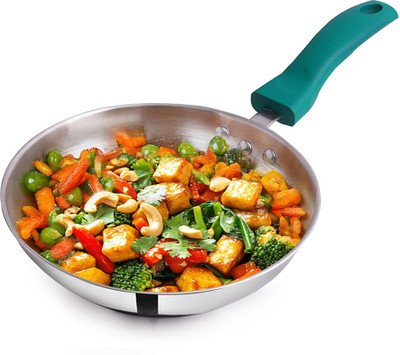 The Indus Valley Stainless Steel 3-Layer Bottom Fry Pan with Green Bakelite Handle - 9 inch Fry Pan 22.8 cm diameter 1.5 L capacity(Stainless Steel, Induction Bottom)