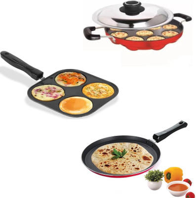 JAINEX Classic Non-Stick 3 Pcs Cookware Set (Appam Pan - 23cm, Dosa Tawa - 27cm, Uttapam Pan - 19.5cm)… Paniarakkal Set with Lid 2 L capacity 23 cm diameter(Aluminium, Non-stick)