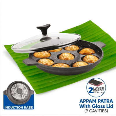 RBGIIT 9-Cavity Appam Patra with Glass Lid Paniyaram Egg Bites Snacks Kuzhi Paniyaram Paniarakkal with Lid 0.3 L capacity 20.5 cm diameter(Aluminium, Non-stick, Induction Bottom)