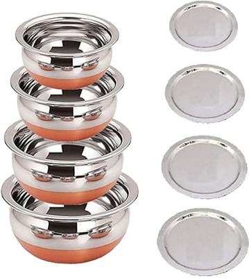 HM EVOTEK Serving Handi Set with Lid Copper Bottom Stainless Steel Cooking Pot Serving D0 Induction Bottom Non-Stick Coated Cookware Set(Steel, 4 - Piece)