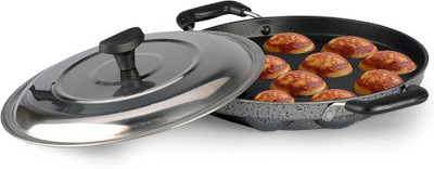 NARV 12 Kulies Non-Stick Appam Patra Ponganal Maker with Lid & Plastic Picker K3 Paniarakkal with Lid 1 L capacity 23 cm diameter(Aluminium, Non-stick)