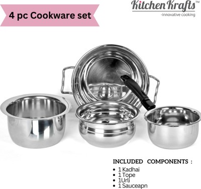 Kitchen Krafts 4 pcs Induction Compatiable Cookware Set Pot 23.5 cm diameter 4500 L capacity with Lid(Stainless Steel, Non-stick)