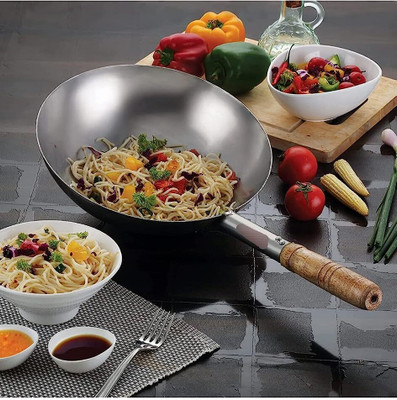 RAYCRAFT WORLD Wok Kadhai 36 cm diameter 5 L capacity(Stainless Steel, Non-stick)