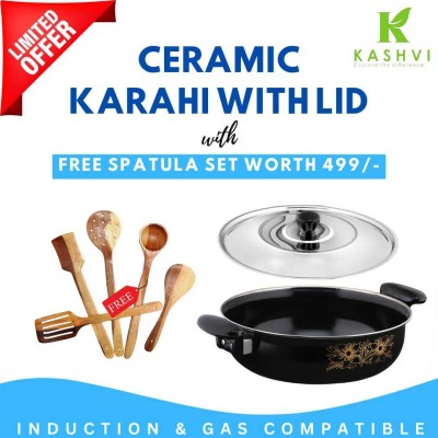 Kashvi Premium karahi with Stainless Steel lid + 5 Multipurpose Wooden Spoons/Spatula Kadhai 26 cm diameter with Lid 3.5 L capacity(Cast Iron, Non-stick, Induction Bottom)