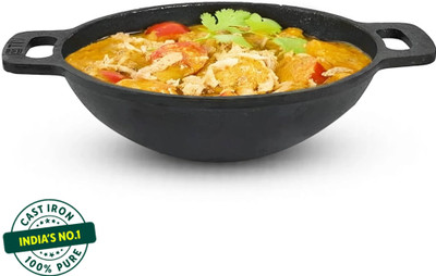 The Indus Valley Pre-Seasoned Cast Iron Kadai Wok model with Flat Handle - 10 inch Kadhai 25.6 cm diameter 2.4 L capacity(Cast Iron, Induction Bottom)