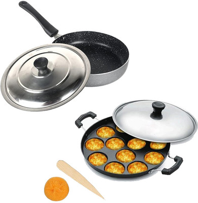 HM EVOTEK Combo Non Stick 12 Cavity Aluminium Appam Patra | Fry Pan with Lid & Spatula K2 Fry Pan 23 cm diameter with Lid 1.5 L capacity(Aluminium, Non-stick)
