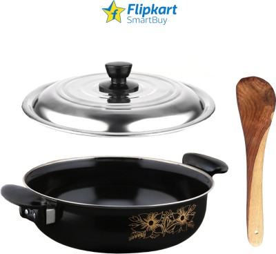 cookpro Kitchen Non-Stick Combo Pack of Kadhai with Lid and Wooden Spatula - 1 Induction Bottom Non-Stick Coated Cookware Set(Cast Iron, PTFE (Non-stick), 3 - Piece)
