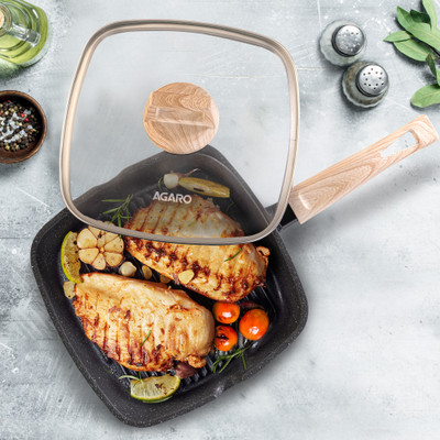 AGARO Grill Pan 24 cm diameter with Lid 1.8 L capacity(Aluminium, Non-stick, Induction Bottom)