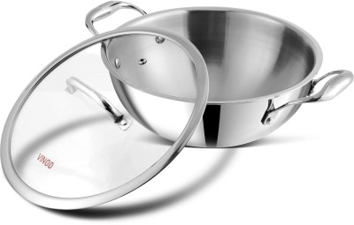 VINOD Platinum Triply Stainless Steel Extra Deep Kadai with Glass Lid Kadhai 20 cm diameter with Lid 1.5 L capacity(Stainless Steel, Induction Bottom)