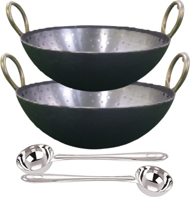 SHINI LIFESTYLE Iron kadhai Loha Kadhai deep bottom,25cm,22cm with ladle,kalchi Kadhai 25 cm diameter 1.5 L capacity(Iron)