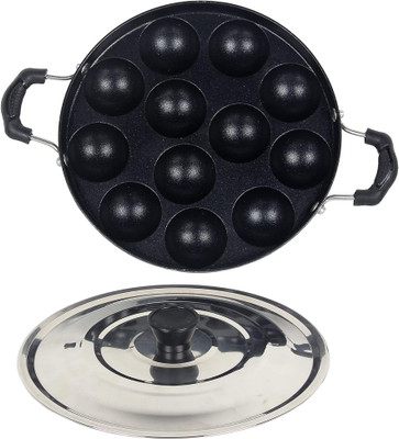 Masox Store Non-Stick 12 Cavity Appam Patra Side Handle with Lid Paniyarakkal Paniyaram Pan Paniarakkal with Lid 1 L capacity 23 cm diameter(Aluminium, Non-stick)