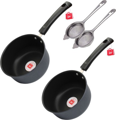 LAZYwindow Premium Quality Nonstick Souce Pan And Tea Strainer (Chai Chalni) Combo Pack Sauce Pan 16 cm diameter 1.5 L capacity(Hard Anodised, Non-stick, Induction Bottom)