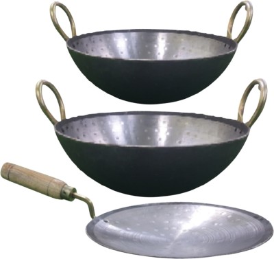 SHINI LIFESTYLE Iron kadhai Loha Kadhai deep bottom,30cm,25cm with Loha Tawa Kadhai 30 cm diameter 3 L capacity(Iron)