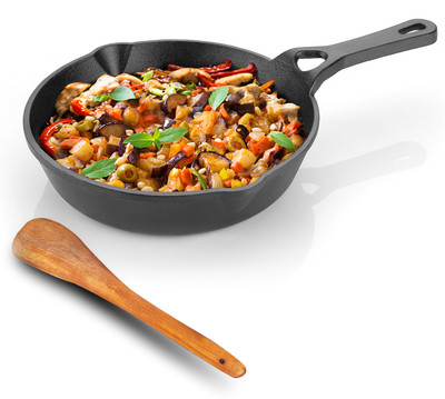 Lifelong Pre - Seasoned Cast Iron Fry Pan 8 inch with Wooden Spatula, Naturally Non Stick Fry Pan 20 cm diameter 0.5 L capacity(Cast Iron, Induction Bottom)
